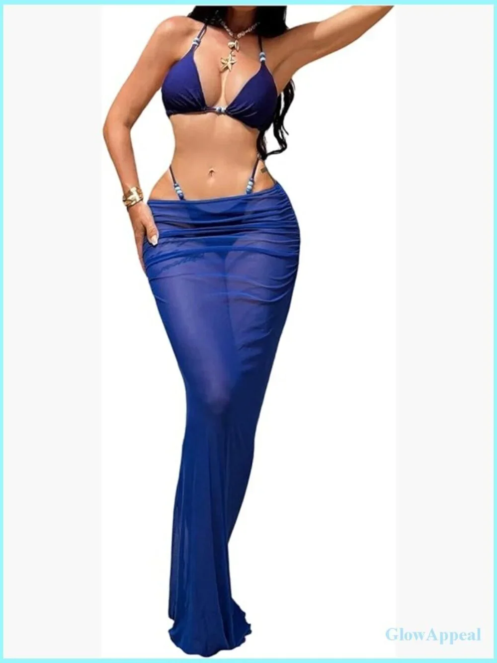 3 Piece Beaded Halter Bikini Set with Sheer Mesh Cover Up Skirts
